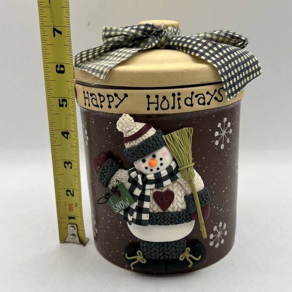 Happy Holidays 3D Snowman Ceramic Cookie Jar Lid Bow 7" Brown Snowflake Design - Picture 2 of 12
